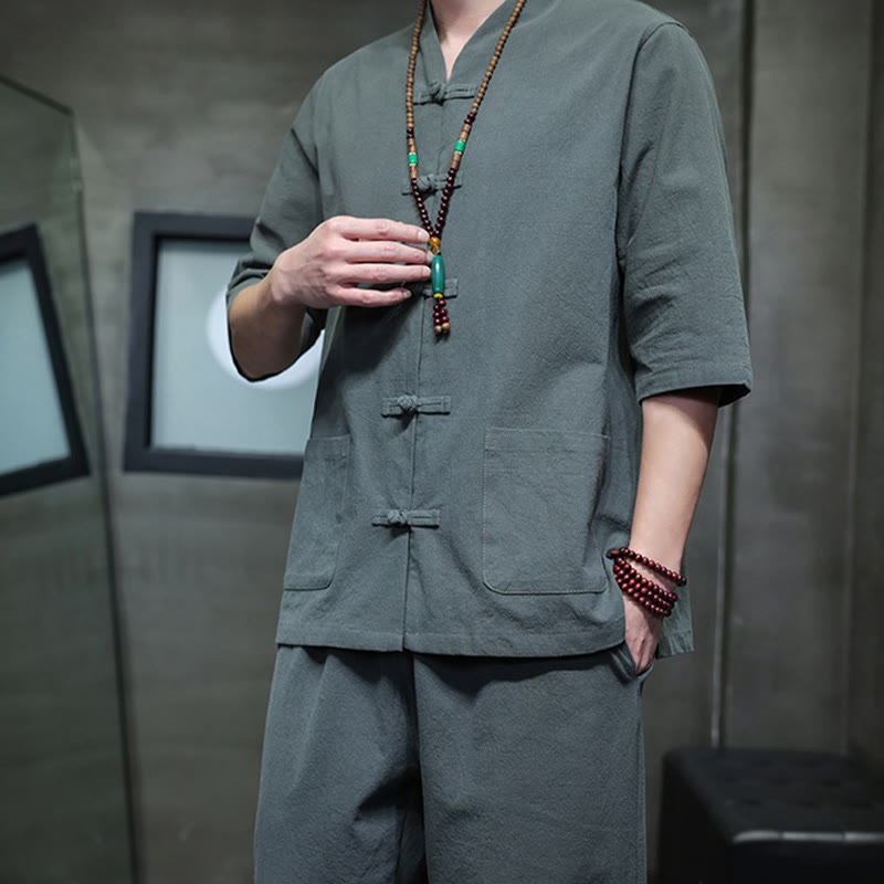 Buddha Stones 2-teiliger Tang-Anzug mit Froschknopf-Design, Hemdhose mit Taschen, Herren-Meditationstuch-Set aus Baumwolle und Leinen