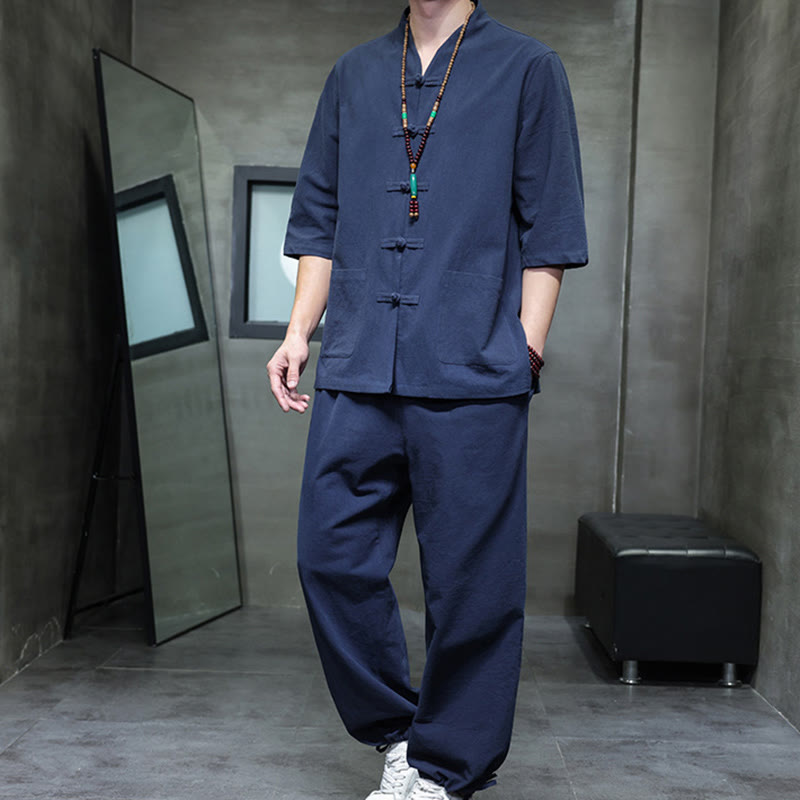 Buddha Stones 2-teiliger Tang-Anzug mit Froschknopf-Design, Hemdhose mit Taschen, Herren-Meditationstuch-Set aus Baumwolle und Leinen - SteelBlue - US/ UK/AU46, EU56 (5XL) - image 13