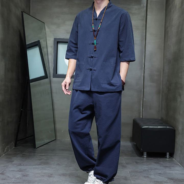 Buddha Stones 2-teiliger Tang-Anzug mit Froschknopf-Design, Hemdhose mit Taschen, Herren-Meditationstuch-Set aus Baumwolle und Leinen - SteelBlue - US/ UK/AU46, EU56 (5XL) - image 13