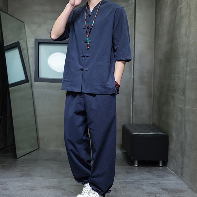 Buddha Stones 2-teiliger Tang-Anzug mit Froschknopf-Design, Hemdhose mit Taschen, Herren-Meditationstuch-Set aus Baumwolle und Leinen - image 17