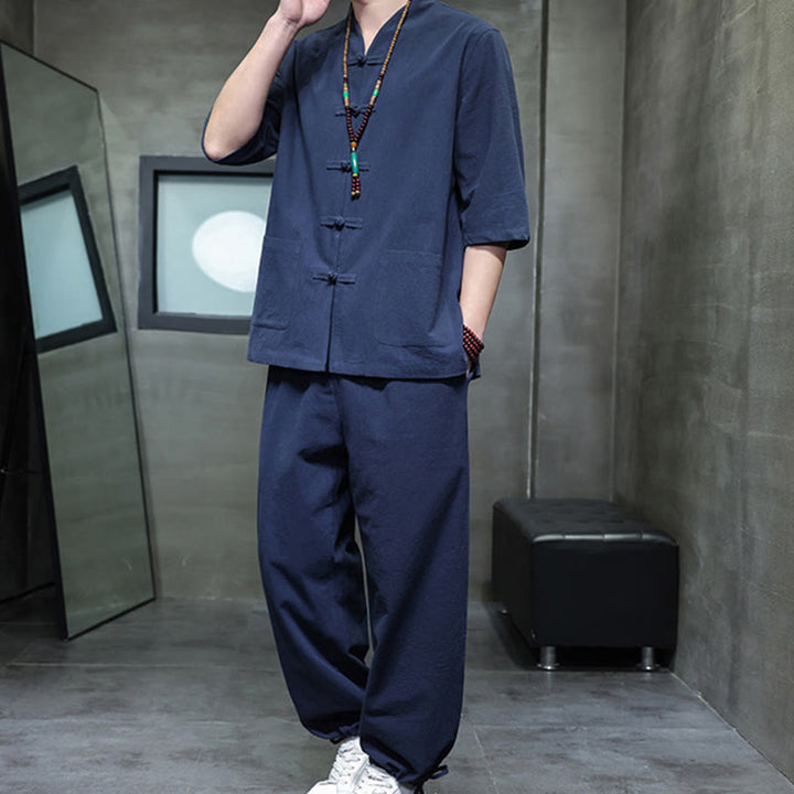 Buddha Stones 2-teiliger Tang-Anzug mit Froschknopf-Design, Hemdhose mit Taschen, Herren-Meditationstuch-Set aus Baumwolle und Leinen - image 17