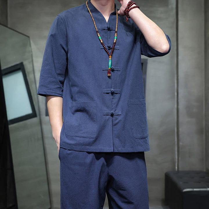 Buddha Stones 2-teiliger Tang-Anzug mit Froschknopf-Design, Hemdhose mit Taschen, Herren-Meditationstuch-Set aus Baumwolle und Leinen - image 20