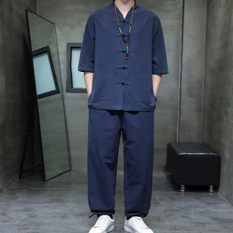 Buddha Stones 2-teiliger Tang-Anzug mit Froschknopf-Design, Hemdhose mit Taschen, Herren-Meditationstuch-Set aus Baumwolle und Leinen - image 14