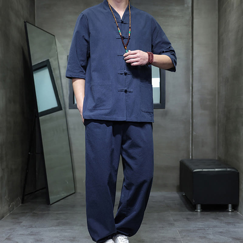 Buddha Stones 2-teiliger Tang-Anzug mit Froschknopf-Design, Hemdhose mit Taschen, Herren-Meditationstuch-Set aus Baumwolle und Leinen - image 15