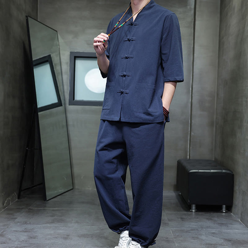 Buddha Stones 2-teiliger Tang-Anzug mit Froschknopf-Design, Hemdhose mit Taschen, Herren-Meditationstuch-Set aus Baumwolle und Leinen - image 18