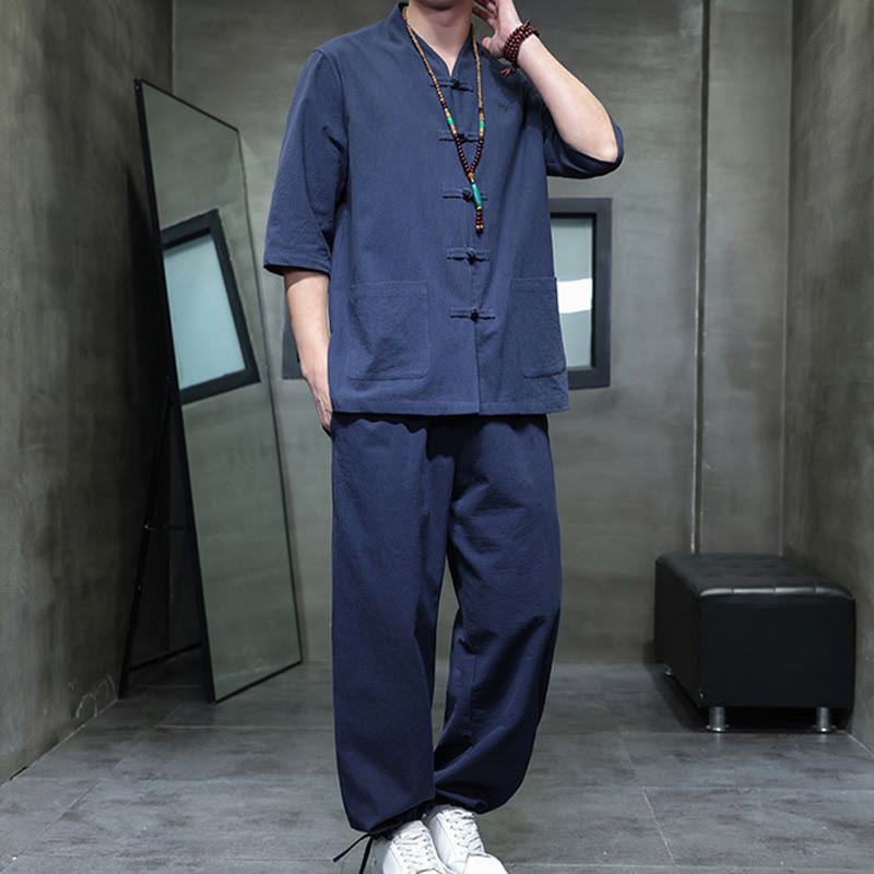 Buddha Stones 2-teiliger Tang-Anzug mit Froschknopf-Design, Hemdhose mit Taschen, Herren-Meditationstuch-Set aus Baumwolle und Leinen - image 19