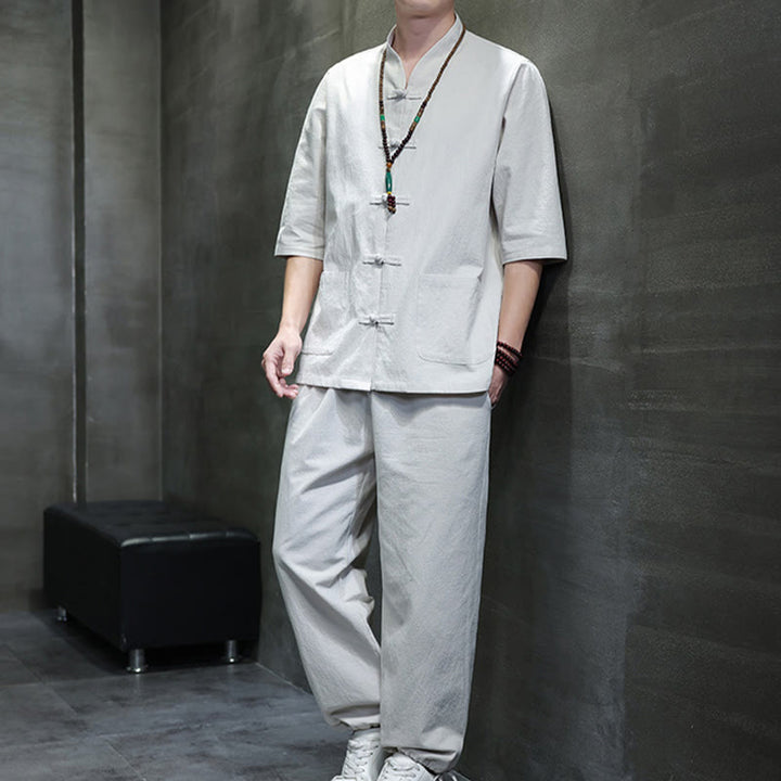 Buddha Stones 2-teiliger Tang-Anzug mit Froschknopf-Design, Hemdhose mit Taschen, Herren-Meditationstuch-Set aus Baumwolle und Leinen