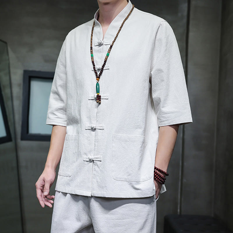 Buddha Stones 2-teiliger Tang-Anzug mit Froschknopf-Design, Hemdhose mit Taschen, Herren-Meditationstuch-Set aus Baumwolle und Leinen