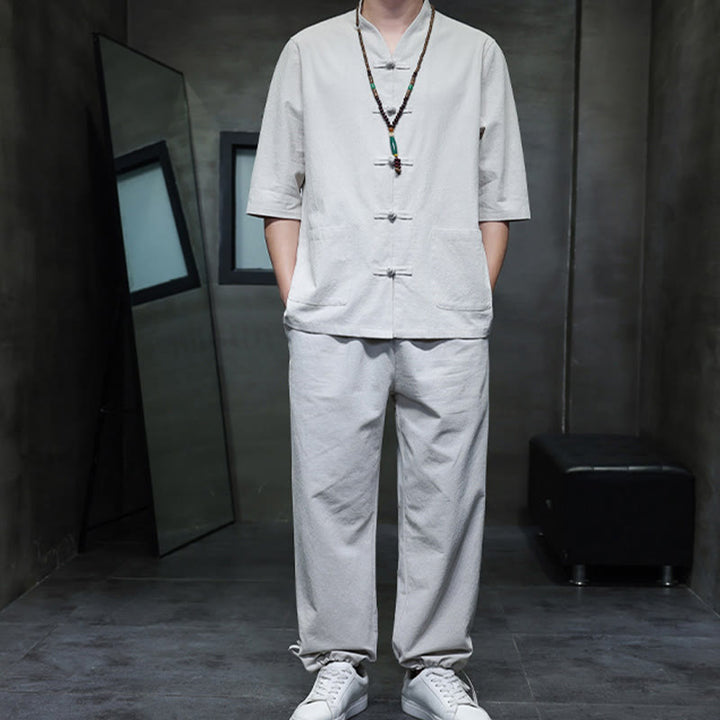 Buddha Stones 2-teiliger Tang-Anzug mit Froschknopf-Design, Hemdhose mit Taschen, Herren-Meditationstuch-Set aus Baumwolle und Leinen - image 23