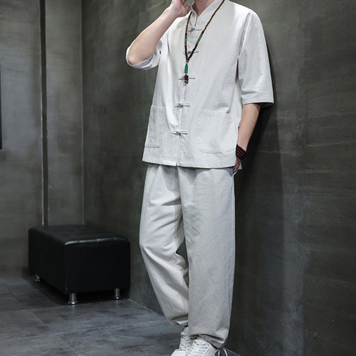 Buddha Stones 2-teiliger Tang-Anzug mit Froschknopf-Design, Hemdhose mit Taschen, Herren-Meditationstuch-Set aus Baumwolle und Leinen - image 25
