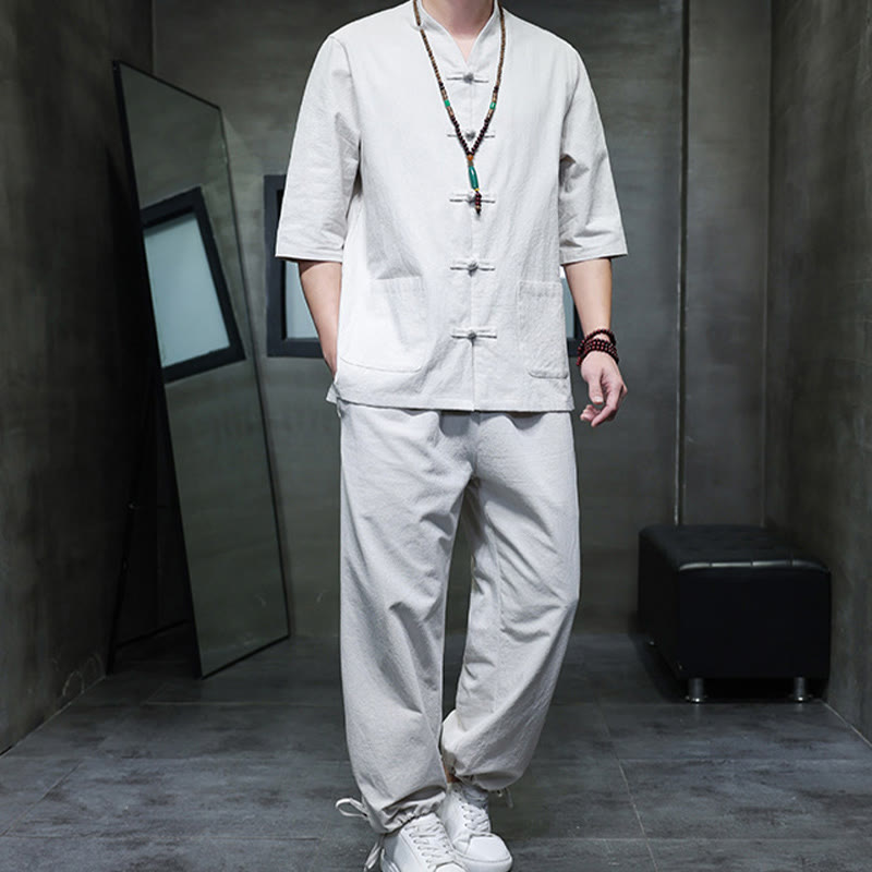 Buddha Stones 2-teiliger Tang-Anzug mit Froschknopf-Design, Hemdhose mit Taschen, Herren-Meditationstuch-Set aus Baumwolle und Leinen - image 24