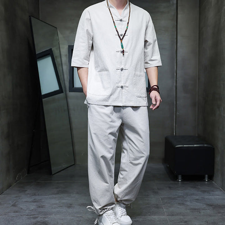 Buddha Stones 2-teiliger Tang-Anzug mit Froschknopf-Design, Hemdhose mit Taschen, Herren-Meditationstuch-Set aus Baumwolle und Leinen - image 24