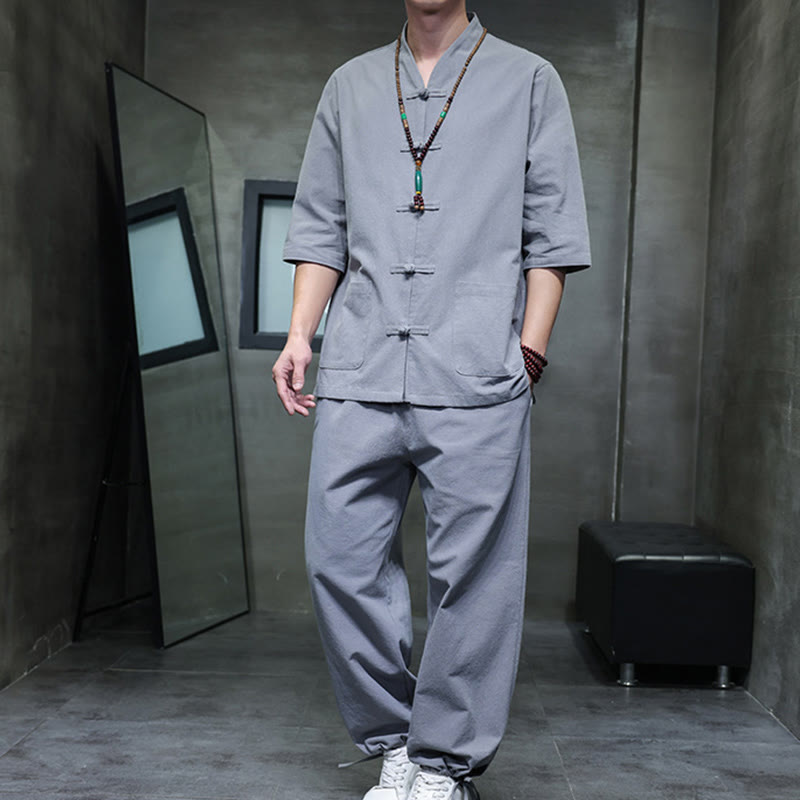 Buddha Stones 2-teiliger Tang-Anzug mit Froschknopf-Design, Hemdhose mit Taschen, Herren-Meditationstuch-Set aus Baumwolle und Leinen