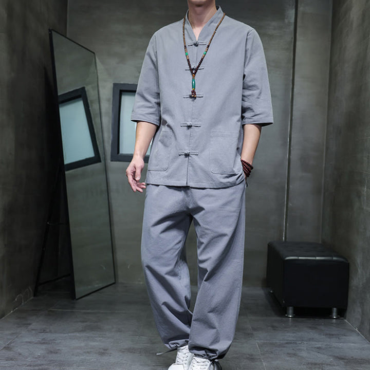 Buddha Stones 2-teiliger Tang-Anzug mit Froschknopf-Design, Hemdhose mit Taschen, Herren-Meditationstuch-Set aus Baumwolle und Leinen