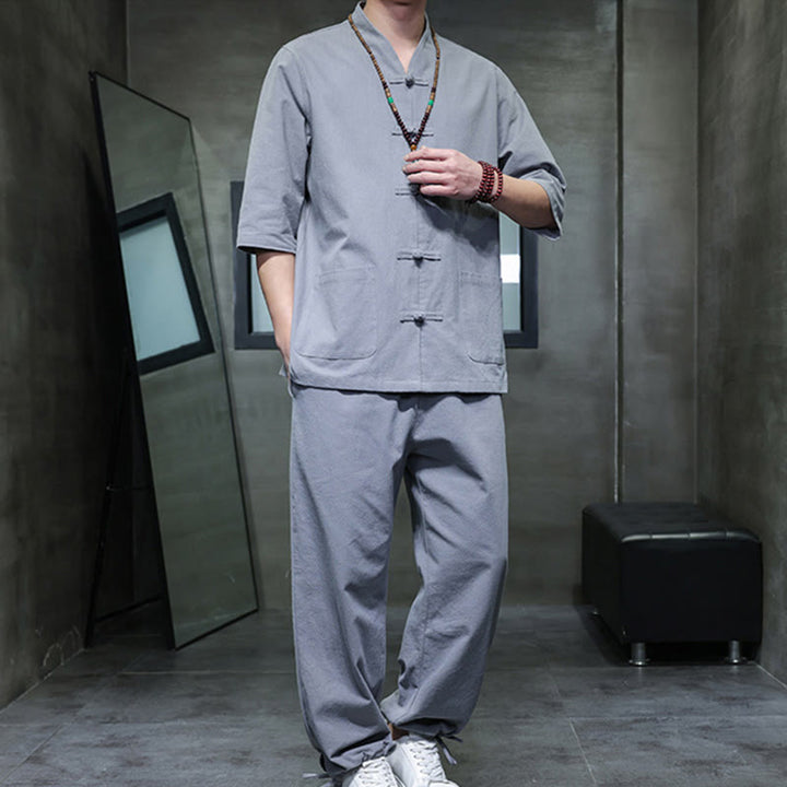 Buddha Stones 2-teiliger Tang-Anzug mit Froschknopf-Design, Hemdhose mit Taschen, Herren-Meditationstuch-Set aus Baumwolle und Leinen - image 31