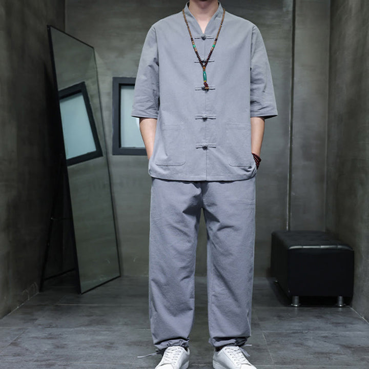 Buddha Stones 2-teiliger Tang-Anzug mit Froschknopf-Design, Hemdhose mit Taschen, Herren-Meditationstuch-Set aus Baumwolle und Leinen - image 30