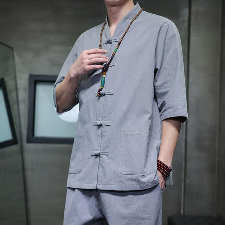 Buddha Stones 2-teiliger Tang-Anzug mit Froschknopf-Design, Hemdhose mit Taschen, Herren-Meditationstuch-Set aus Baumwolle und Leinen - image 36