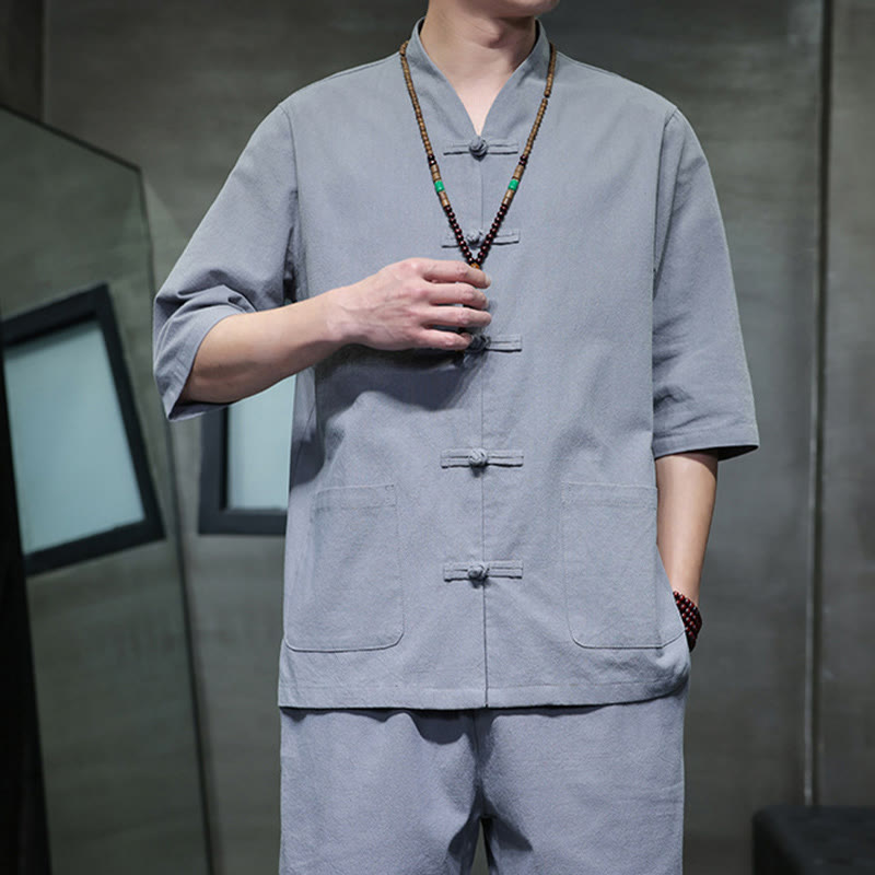 Buddha Stones 2-teiliger Tang-Anzug mit Froschknopf-Design, Hemdhose mit Taschen, Herren-Meditationstuch-Set aus Baumwolle und Leinen