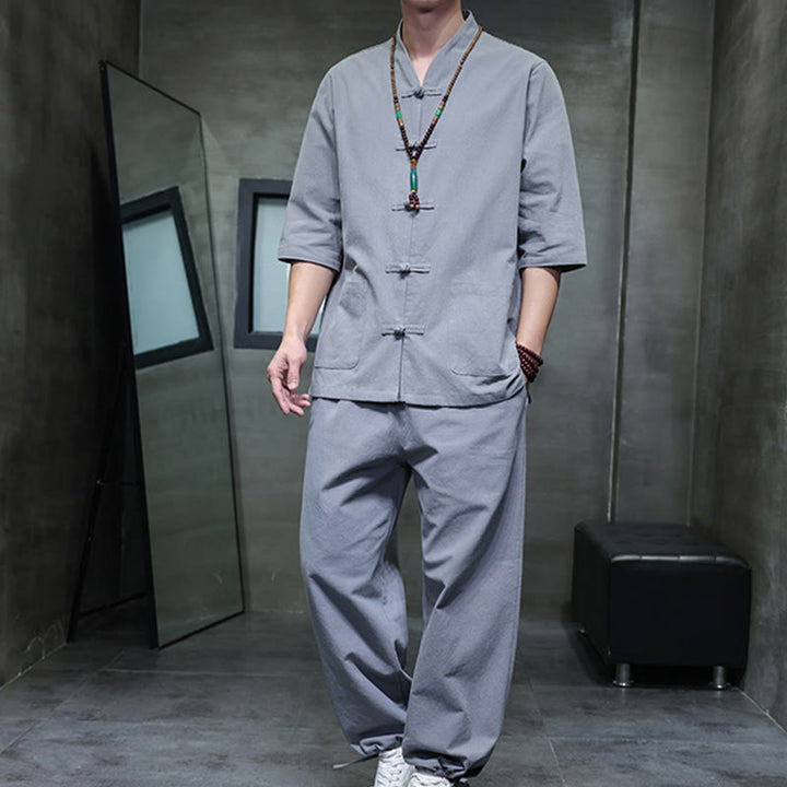 Buddha Stones 2-teiliger Tang-Anzug mit Froschknopf-Design, Hemdhose mit Taschen, Herren-Meditationstuch-Set aus Baumwolle und Leinen