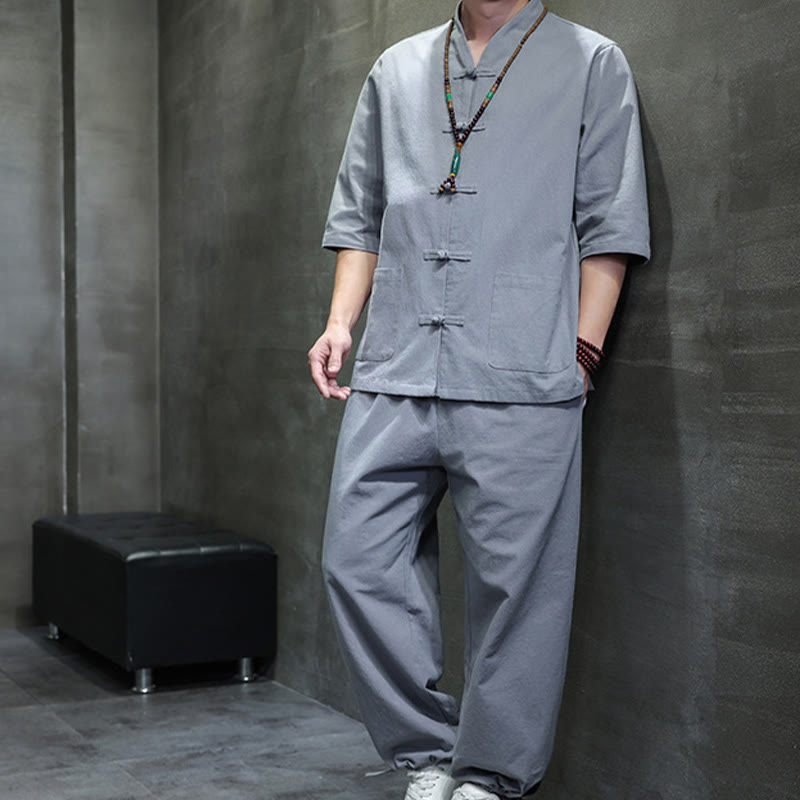 Buddha Stones 2-teiliger Tang-Anzug mit Froschknopf-Design, Hemdhose mit Taschen, Herren-Meditationstuch-Set aus Baumwolle und Leinen