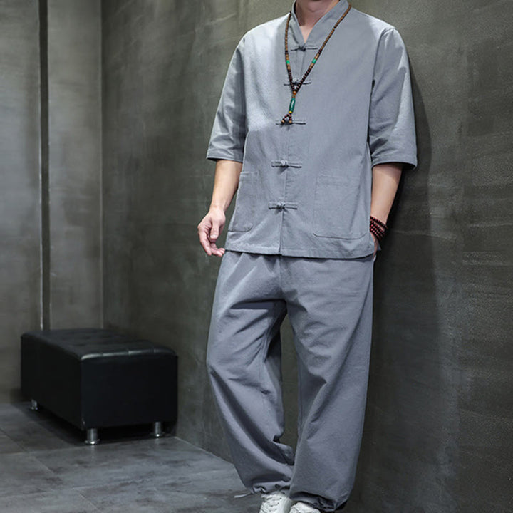 Buddha Stones 2-teiliger Tang-Anzug mit Froschknopf-Design, Hemdhose mit Taschen, Herren-Meditationstuch-Set aus Baumwolle und Leinen