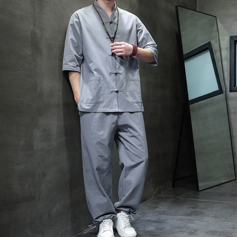 Buddha Stones 2-teiliger Tang-Anzug mit Froschknopf-Design, Hemdhose mit Taschen, Herren-Meditationstuch-Set aus Baumwolle und Leinen - image 33