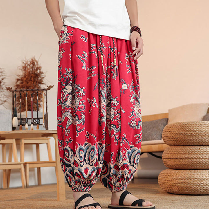 Buddha Stones Dragon Print Herren Haremshose aus Baumwolle in Knöchellänge mit Taschen