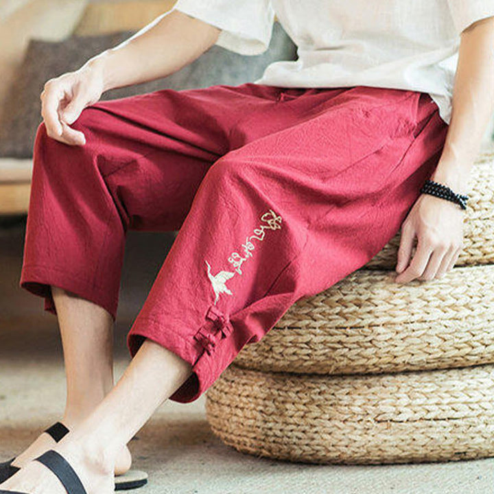 Buddha Stones Kranich Stickerei Baumwolle Herren Kurze Haremshose mit Taschen