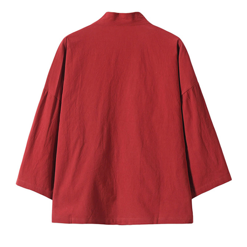 Buddha Stones -Stickerei, fliegende weiße Kraniche, Baumwolle, Leinen, offene Vorderseite, Herren-Kimono - image 3