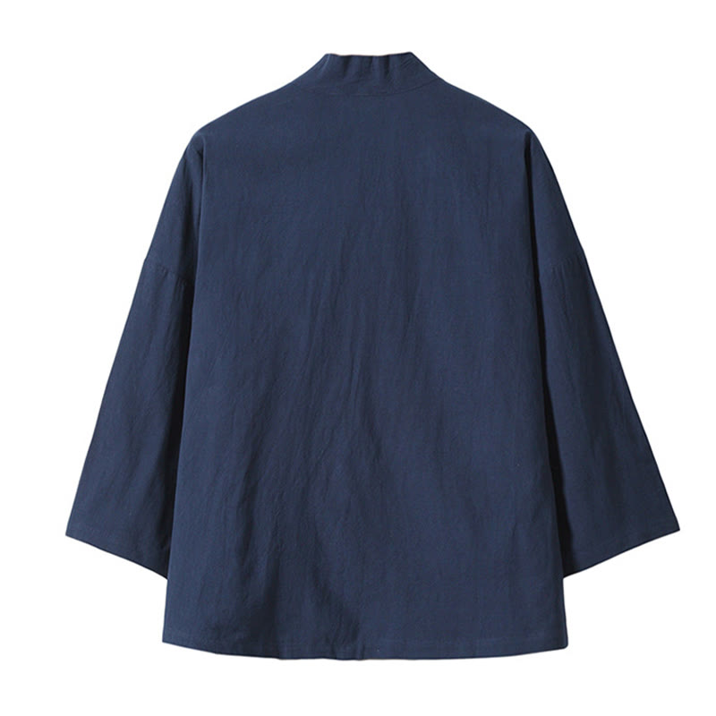 Buddha Stones -Stickerei, fliegende weiße Kraniche, Baumwolle, Leinen, offene Vorderseite, Herren-Kimono - image 16