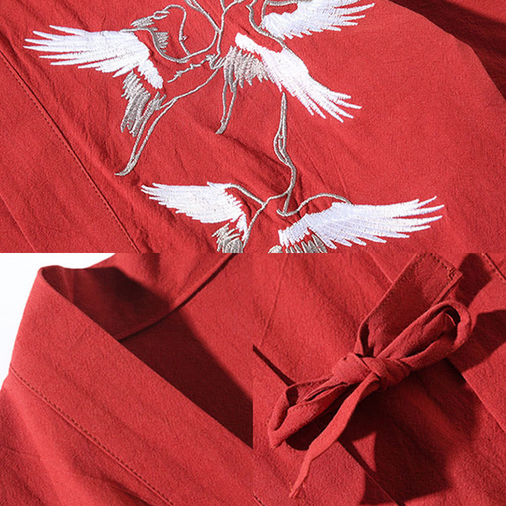 Buddha Stones -Stickerei, fliegende weiße Kraniche, Baumwolle, Leinen, offene Vorderseite, Herren-Kimono - image 12