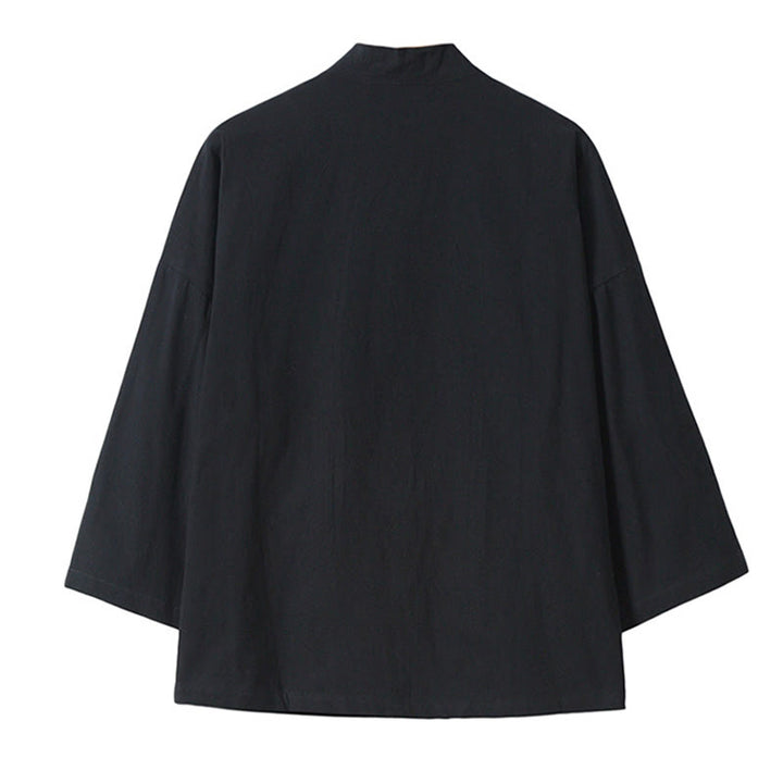 Buddha Stones -Stickerei, fliegende weiße Kraniche, Baumwolle, Leinen, offene Vorderseite, Herren-Kimono - image 14