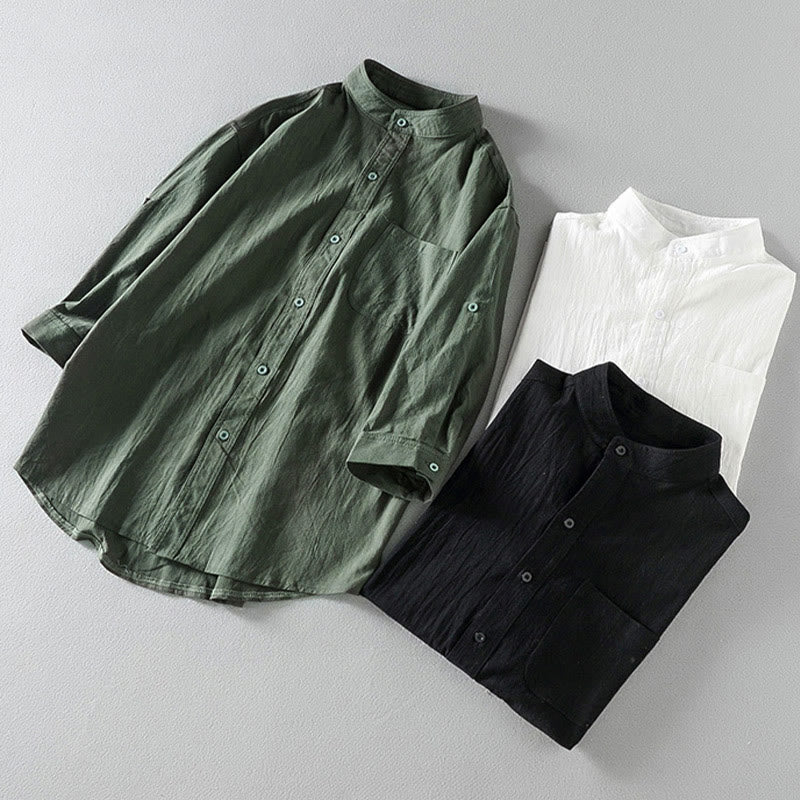 Buddha Stones Sommer Solide Herrenknöpfe Halbarm Baumwoll-Leinenhemd - image 17