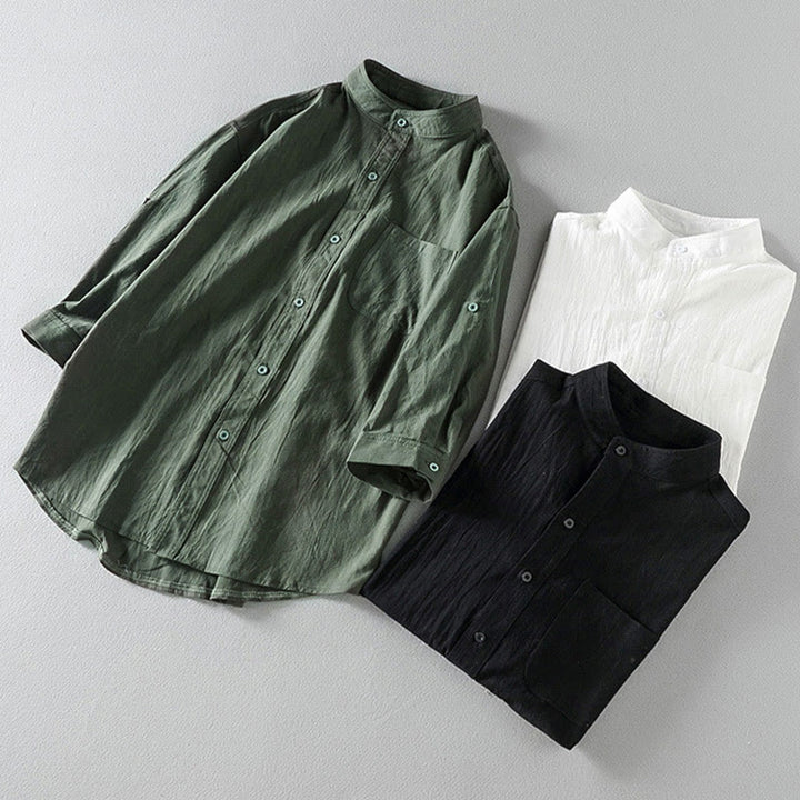 Buddha Stones Sommer Solide Herrenknöpfe Halbarm Baumwoll-Leinenhemd - image 17