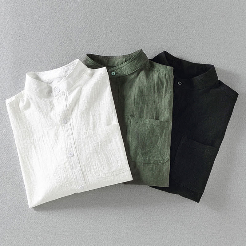 Buddha Stones Sommer Solide Herrenknöpfe Halbarm Baumwoll-Leinenhemd - image 1