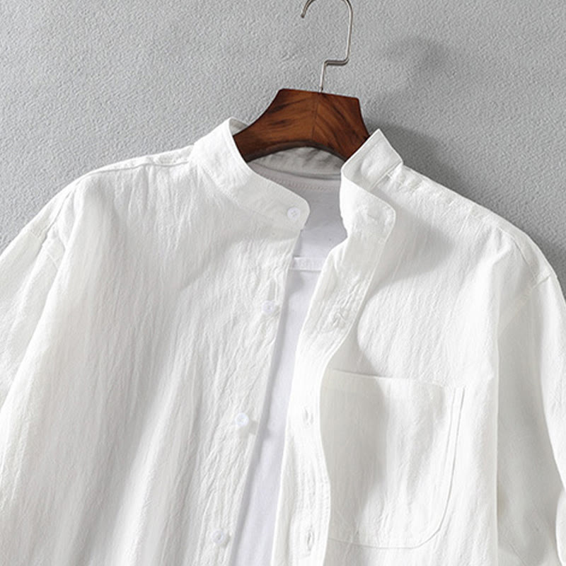 Buddha Stones Sommer Solide Herrenknöpfe Halbarm Baumwoll-Leinenhemd - image 4