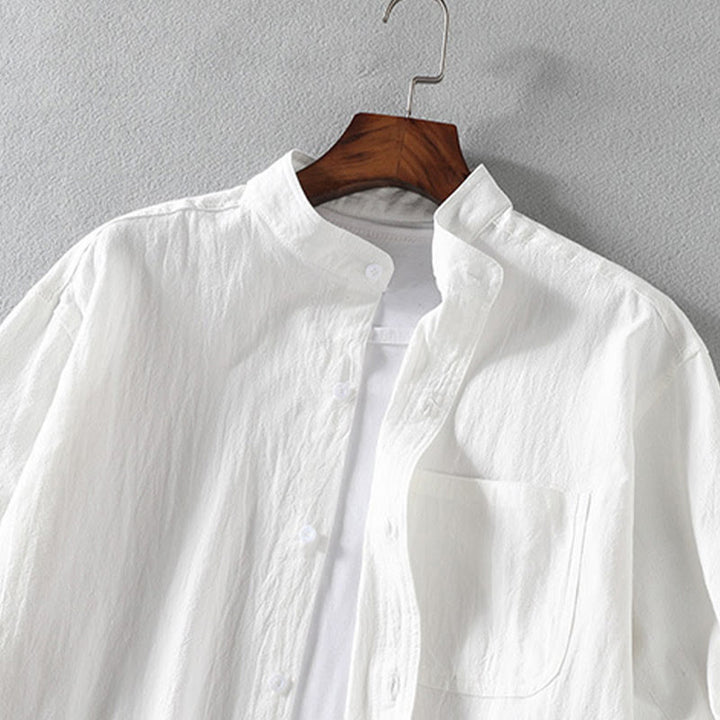 Buddha Stones Sommer Solide Herrenknöpfe Halbarm Baumwoll-Leinenhemd - image 4