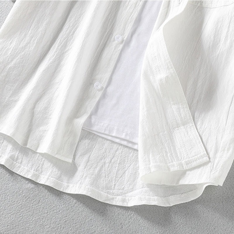 Buddha Stones Sommer Solide Herrenknöpfe Halbarm Baumwoll-Leinenhemd - image 11