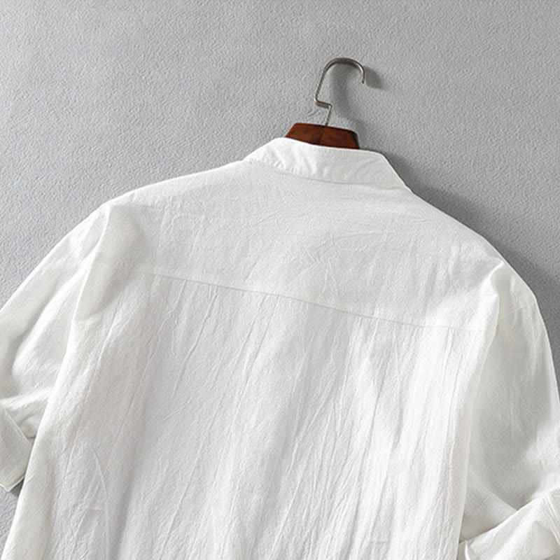 Buddha Stones Sommer Solide Herrenknöpfe Halbarm Baumwoll-Leinenhemd - image 5