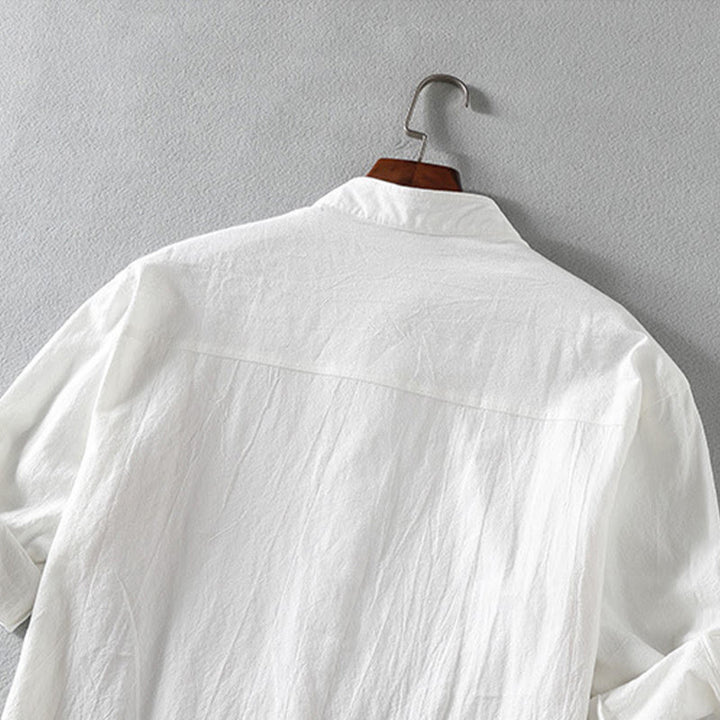 Buddha Stones Sommer Solide Herrenknöpfe Halbarm Baumwoll-Leinenhemd - image 5