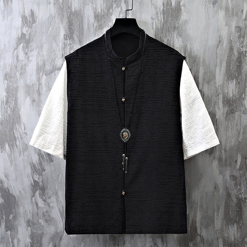Buddha Stones Sommer Patchwork Farbdesign Herren Halbarm Baumwoll-Leinenhemd - Schwarz - US/ UK/AU48, EU58 (6XL) - image 2