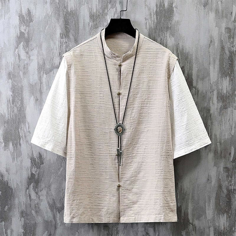 Buddha Stones Sommer Patchwork Farbdesign Herren Halbarm Baumwoll-Leinenhemd - Leinen - US/ UK/AU48, EU58 (6XL) - image 0