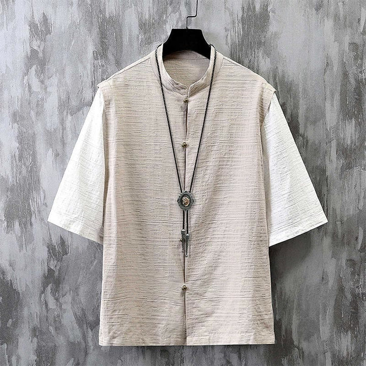 Buddha Stones Sommer Patchwork Farbdesign Herren Halbarm Baumwoll-Leinenhemd - Leinen - US/ UK/AU48, EU58 (6XL) - image 0