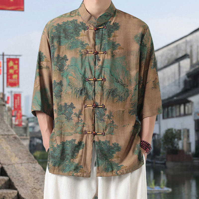 Buddha Stones, Drache, glückverheißende Wolken, grüne Berge, chinesischer Frosch-Knopf, Herrenhemd aus Baumwolle und Leinen mit halben Ärmeln - Dunkelkhaki - US/ UK/AU46, EU56 (5XL) - image 5