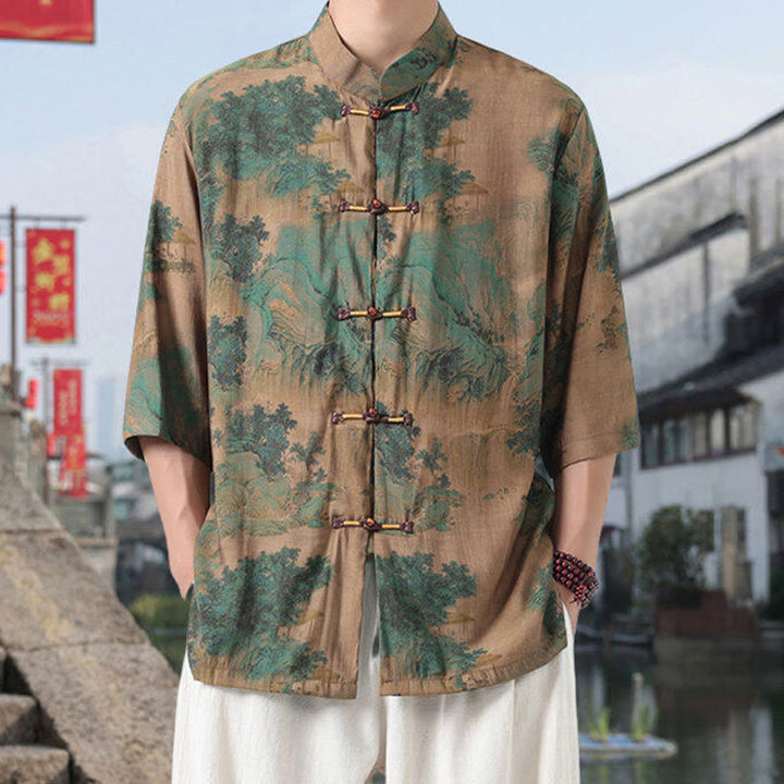 Buddha Stones, Drache, glückverheißende Wolken, grüne Berge, chinesischer Frosch-Knopf, Herrenhemd aus Baumwolle und Leinen mit halben Ärmeln - Dunkelkhaki - US/ UK/AU46, EU56 (5XL) - image 5