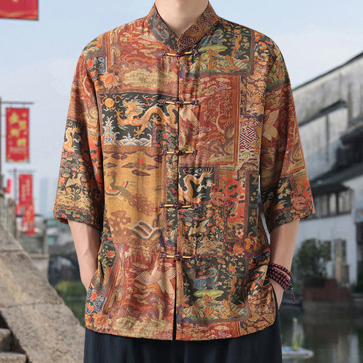 Buddha Stones, Drache, glückverheißende Wolken, grüne Berge, chinesischer Frosch-Knopf, Herrenhemd aus Baumwolle und Leinen mit halben Ärmeln - Goldrute - US/ UK/AU46, EU56 (5XL) - image 0