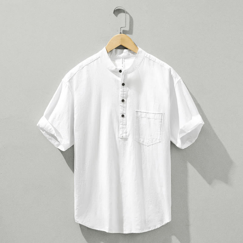 Buddha Stones Sommer Solid Herren Halbknopf Kurzarm Baumwollhemd - Weiß - US/ UK/AU42, EU52 (3XL) - image 15