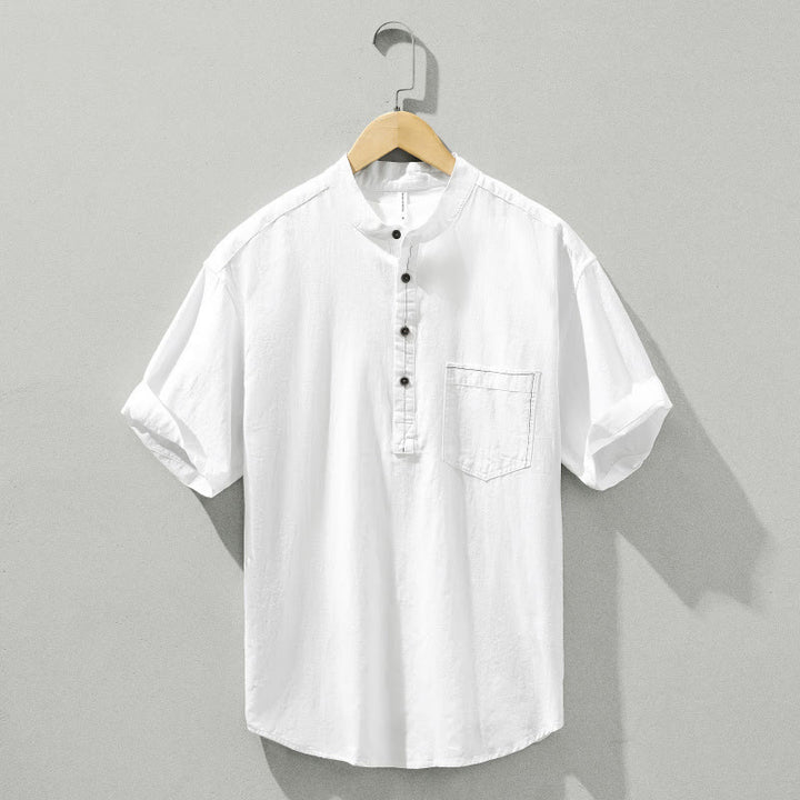 Buddha Stones Sommer Solid Herren Halbknopf Kurzarm Baumwollhemd - Weiß - US/ UK/AU42, EU52 (3XL) - image 15