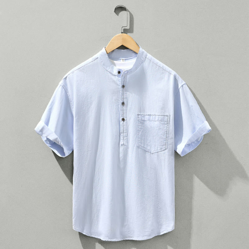 Buddha Stones Sommer Solid Herren Halbknopf Kurzarm Baumwollhemd - Azurblau - US/ UK/AU42, EU52 (3XL) - image 0
