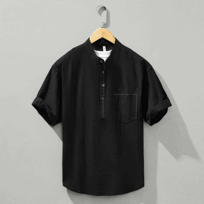 Buddha Stones Sommer Solid Herren Halbknopf Kurzarm Baumwollhemd - Schwarz - US/ UK/AU42, EU52 (3XL) - image 10
